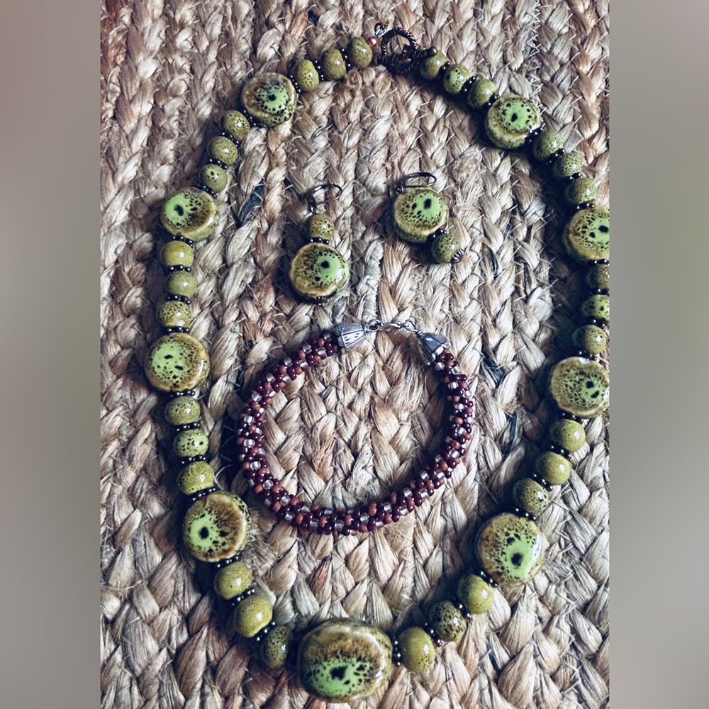 Green Ceramic Bead Necklace and Earring Set with Brown Beaded Bracelet